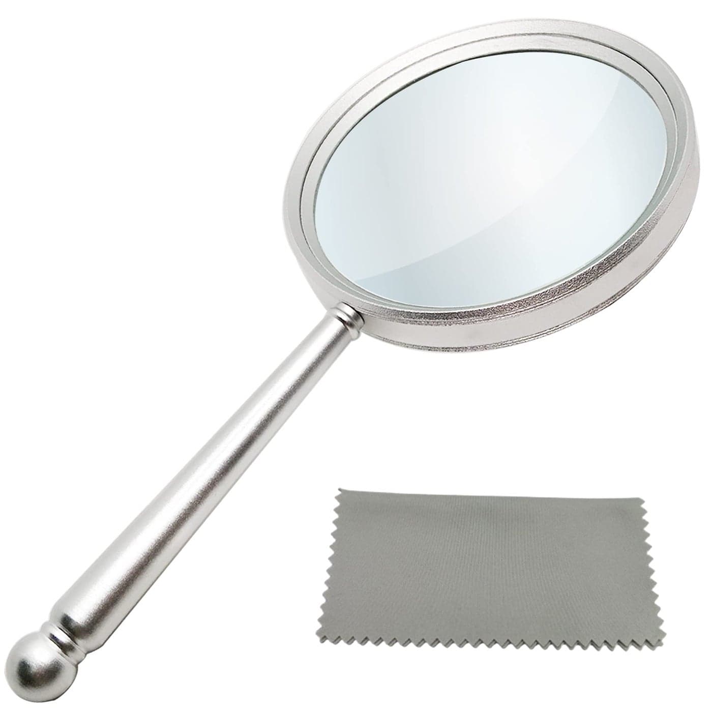 HOPLEX Handheld Magnifying Glasses 5X Reading Magnifier with Shatterproof Metal Handle 84mm Large Magnifying Real Glass Lens for Seniors and Kids Repair and ObservationSilver
