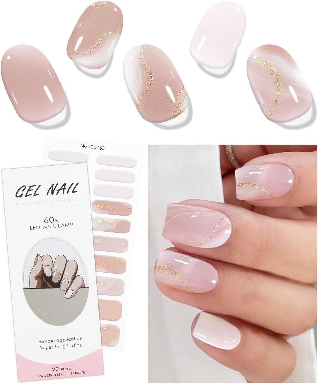 JMEOWIO Gel Nail Stickers Cream Marble French Tip Semi Cured Gel Nail Strips Wraps UVLED Nails Art Design Decoration Accessories