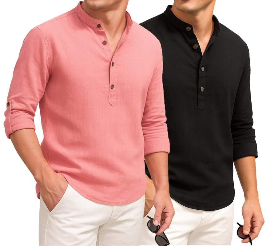 DEELMO Combo of Men's Cotton Blend Solid Regular Fit Full Sleeve Short Kurta | Men's Trendy Short Kurta Pack of 2