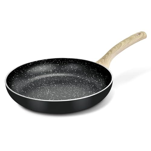 BERGNER Bellini Plus Aura Black Non-Stick Omelette Pan/Frypan 20cm (1.4 L), Sturdy Rivertless Construction with Soft Touch Wooden Finish Handle, PFOA Free, Even Heat Distribution - Induction Bottom