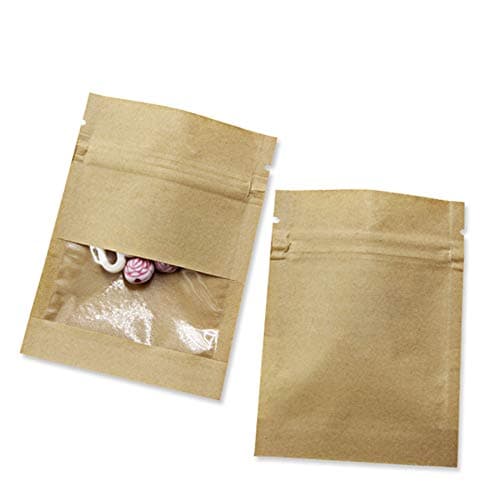 PABCK 100 Pack Clear WindowBrown Kraft Paper for Zip Seed Packets Lock Food Storage Bags Zipper Lock Seeds Envelopes Resealable Heat Seal Pouch Coffee Packet (3.5x5.1 inch (Inner Size 3.1x3.9 inch))