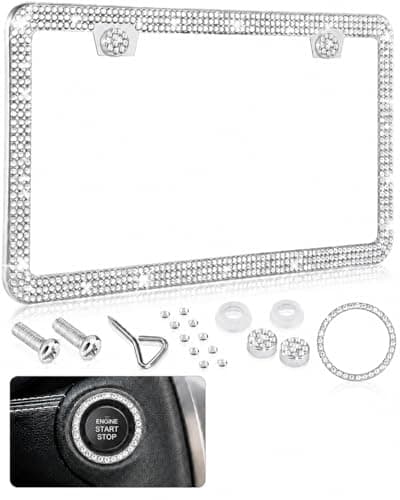 1 Pack White License Plate Frames for Women Rhinestone License Plate Frame with Push Start Button Cover Sparkly License Plate Frame Bling Car Accessories for Women