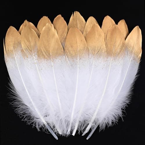 Larryhot Dipped Gold White Goose Feathers for Crafts 68 inch 60 pcs Natural Feathers for Wedding Party DecorationsDIY Crafts and Table CenterpieceGold White