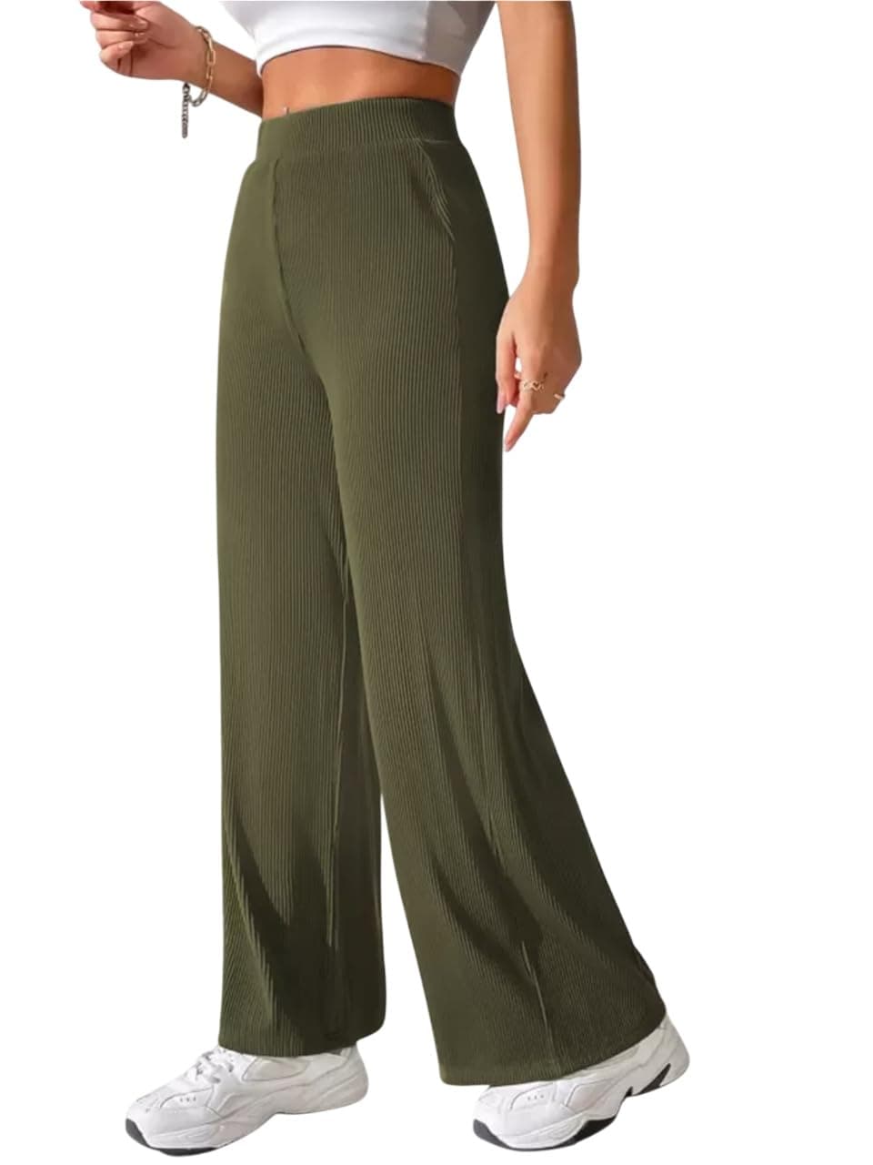 Preneum Women High Waist Korean Wide Leg Trousers, Loose Fit Casual Lounge Pants, Travel, Office & Streetwear Comfortable Stylish Bottom Wear (Available Plus Size) Olive