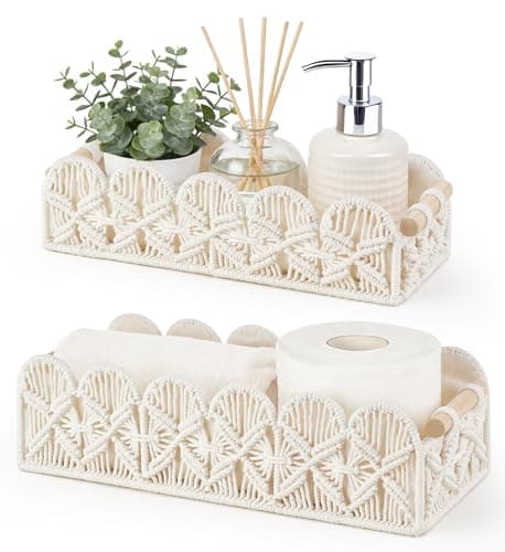 Mkono Macrame Storage Basket, Scalloped Edge Toilet Paper Basket Boho Woven Decor, Small Countertop Organizer with Handles for Shelf, Living Room, Bedroom, Home,Office, 2 Pack, Ivory