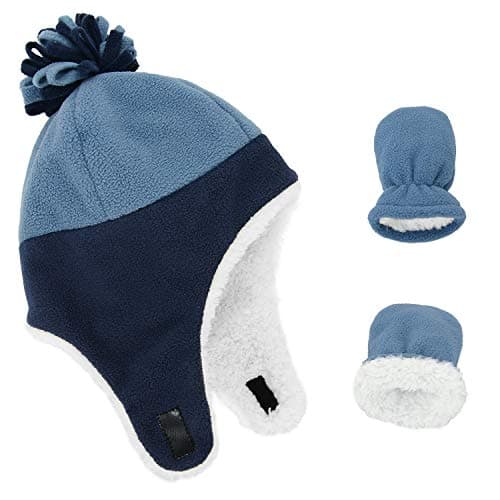 Zando Navy & Blue Baby Winter Hat and Mitten Set - Cute Fleece Sherpa Infant Hats, Warm Toddler Beanie with Ear Flaps, Toddler Aviator Caps, Baby Winter Essentials for Outdoor Home Wear 3-12 Months