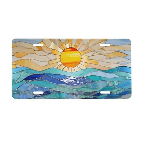 UEQIKI Stained Glass Ocean Beach Front License Plate for Women Car Vanity Plates Decorative Aluminum Metal Cute Novelty License Plate Cover for Men 6x12 Inch (4 Holes)