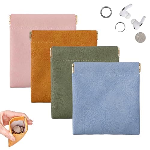 4 Pack Squeeze Coin purse, 3.5x3.1 inch PU Leather Mini Change Pouch for Coins, Jewelry, Earphones. Unisex Travel Coin purse for Men and Women