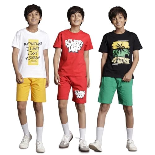 T2F Boy's Printed Cotton Regular Fit Tshirt and Shorts Set (Pack of 3)
