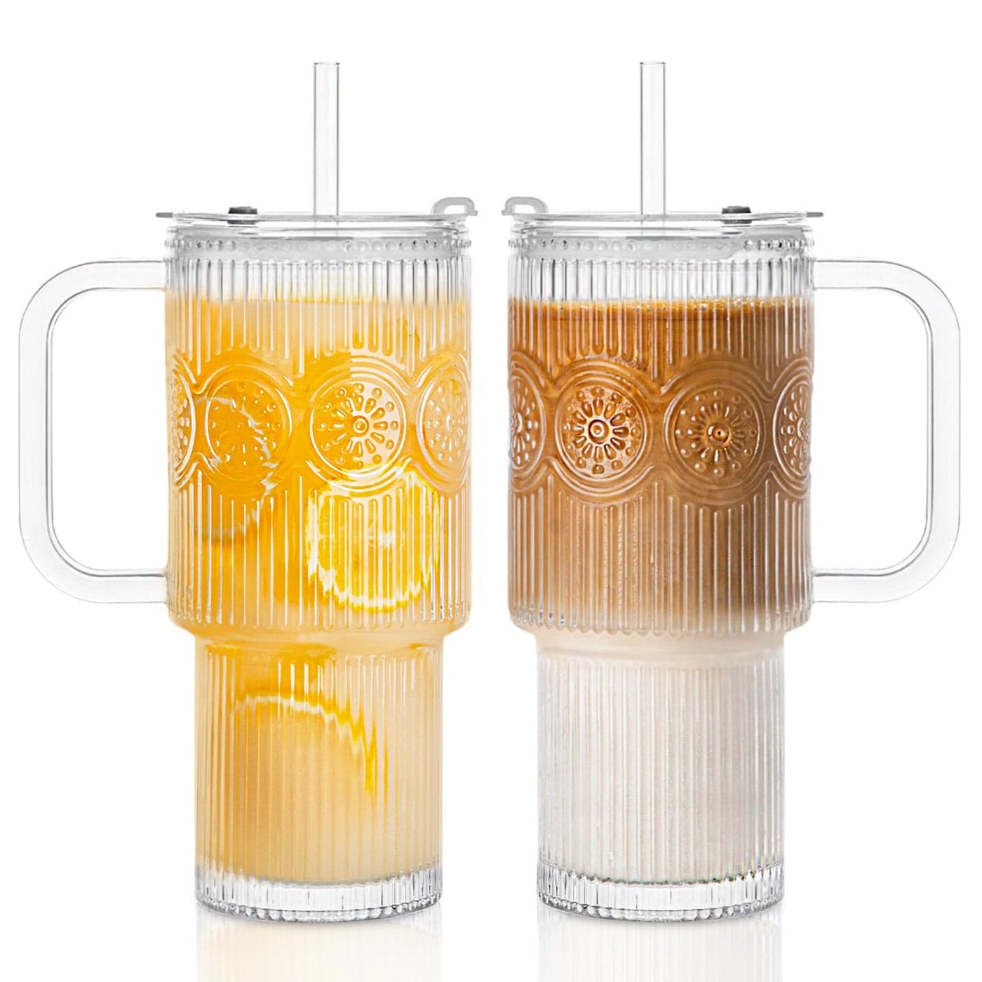INSETLAN 26oz Ribbed Floral Glass Tumblers with Handle and Lid Set of 2 Reusable Iced Coffee Cups with Straw Glass Mugs for Water Smoothies Tea and Juice Ideal for Travel Daily Use