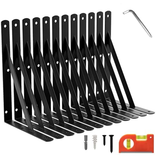 12-Pack 11 Inch Heavy Duty Shelf Brackets, Large Floating Wall Bracket for Garage Storage Shelves, Black Powder-Coated Finish, Load Capacity 800lbs