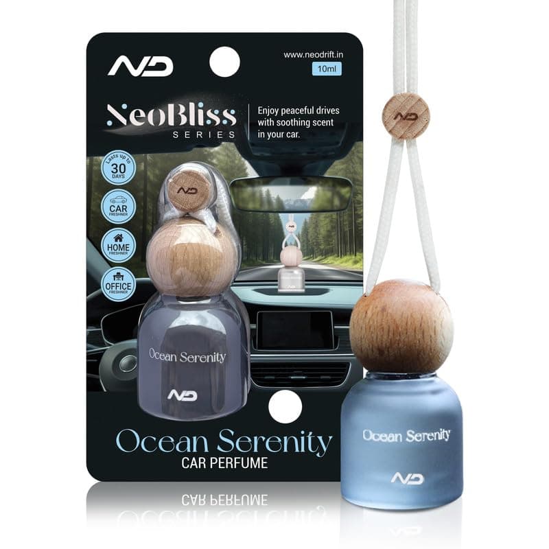 NEODRIFT 'NeoBliss' (Set of 1) | (Ocean Serenity) Car Hanging Diffuser Car Perfume & Air Freshener in Glass Bottle with Wooden Lid and Long Lasting Scent - 10ml