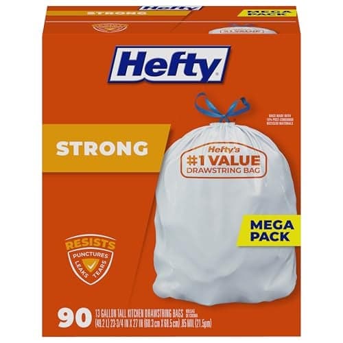 Hefty Strong 13 Gallon Trash Bags, Tall Kitchen Trash Bags, UnscentedLarge Trash Bags with Drawstrings, Durable Closure, Resists Leaks, Punctures, and Tears, White, Unscented, 90 Bags
