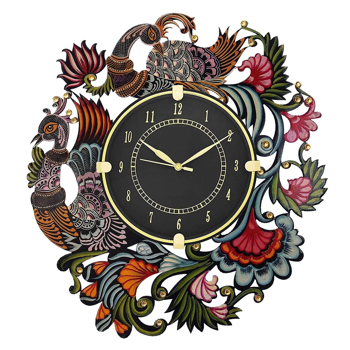 CIRCADIAN Ajanta Peacock Design Wall Clock for Home Décor Living Room Hall Office Bedroom Fancy Stylish Antique Wooden Watch Handmade Multicolour 35 X 33 Cm Pack of 1 - Analog