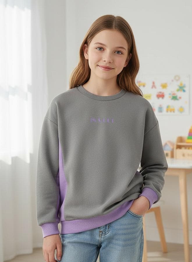 Girl'S Colorblocked Round Neck Long Sleeve Sweatshirt