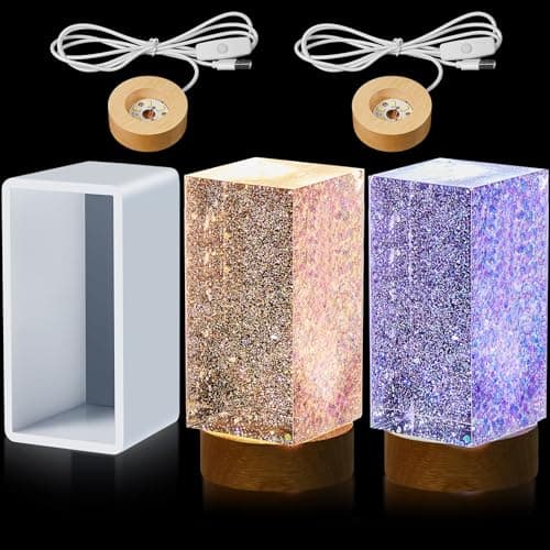 Honoson 3 Pieces Light Resin Silicone Mold Set Includes 1 Resin Mold and 2 USB Powered Wooden Lighted Base Stands for DIY Table Candle Desktop Lamp Ornaments2 x 35 InchesCuboid