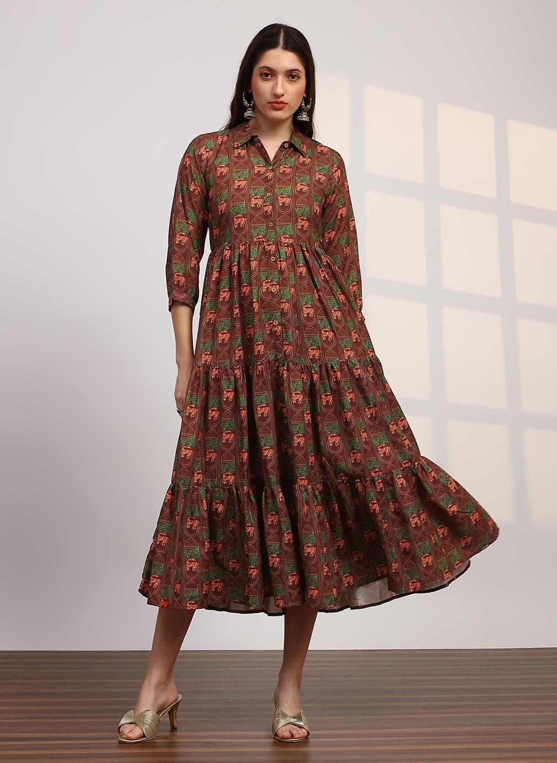 Globus Women's Brown Tiered Flared Ethnic Dress with Shirt Collar and Tribal Print