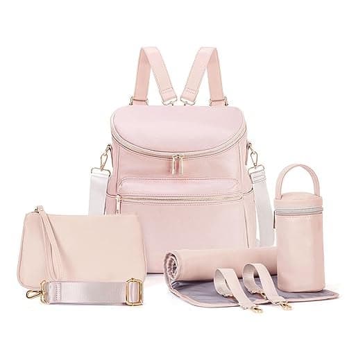 Minsong Diaper Bag Backpack, Fashion Leather Mommy Backpacks, Travel Baby Diaper Bags with in Bag Organizer and Changing Pad (Pink)