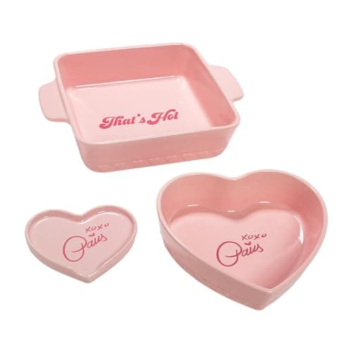 Paris Hilton 3-Piece Ceramic Baker Set, Iconic Stoneware with Square & Heart Bakers and Spoon Rest, Microwave/Oven/Freezer Safe, Durable Bakeware for Everyday Cooking & Serving, Pink