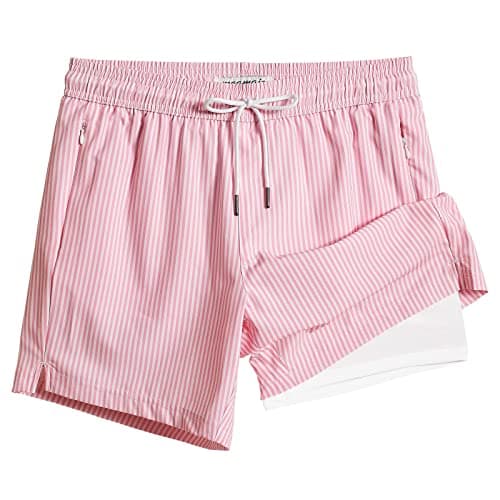 maamgic Mens Swim Trunks with Compression Liner 5" Stretch Beach Shorts Quick Dry with Zipper Pockets No-Chafing Board Shorts Pink White Stripe L