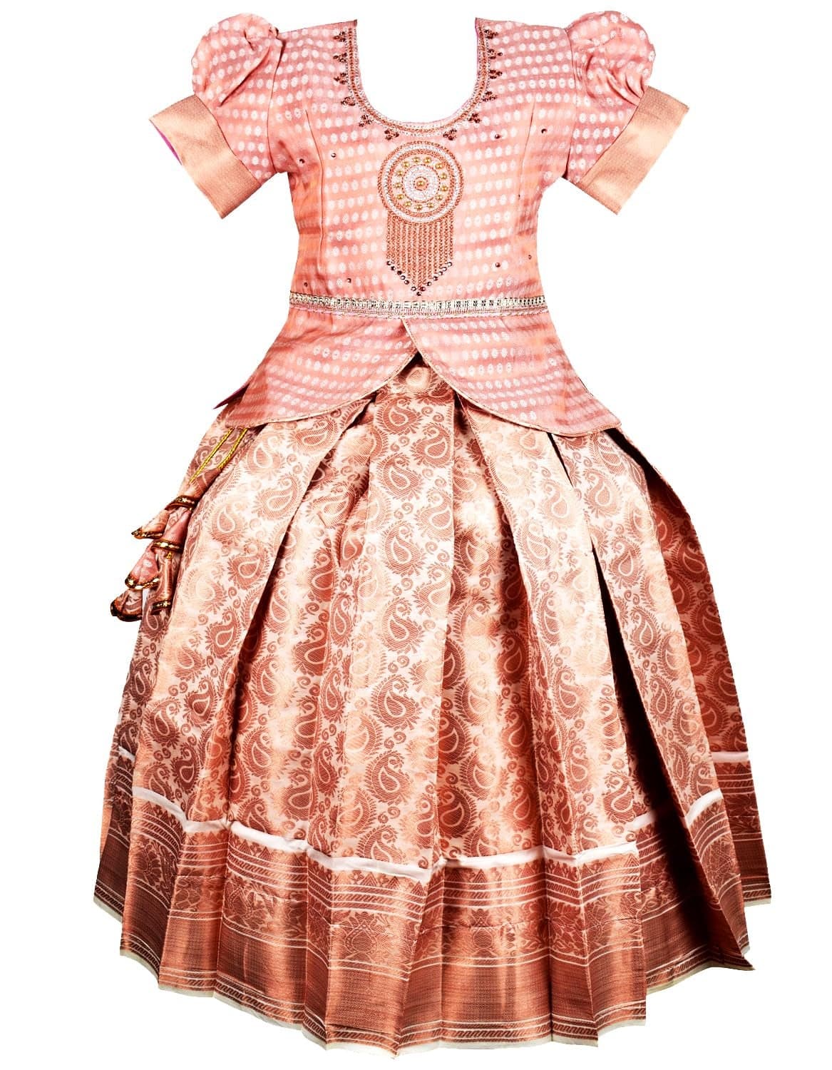 AMIRTHA FASHION New south Indian traditional pattu pavadai for kids pattu langa voni Lehenga choli for girls dress (Brown) (2-3 Years) | Material: Cotton Blend | Finish Type: Readymade