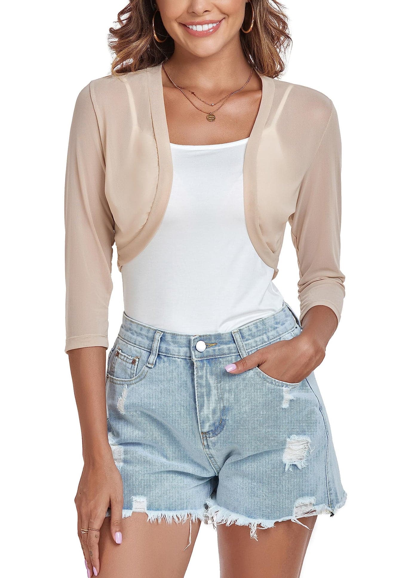Tandisk Women's 3/4 Sleeve Shrug Open Front Cardigan Bolero Jacket Taupe 3XL