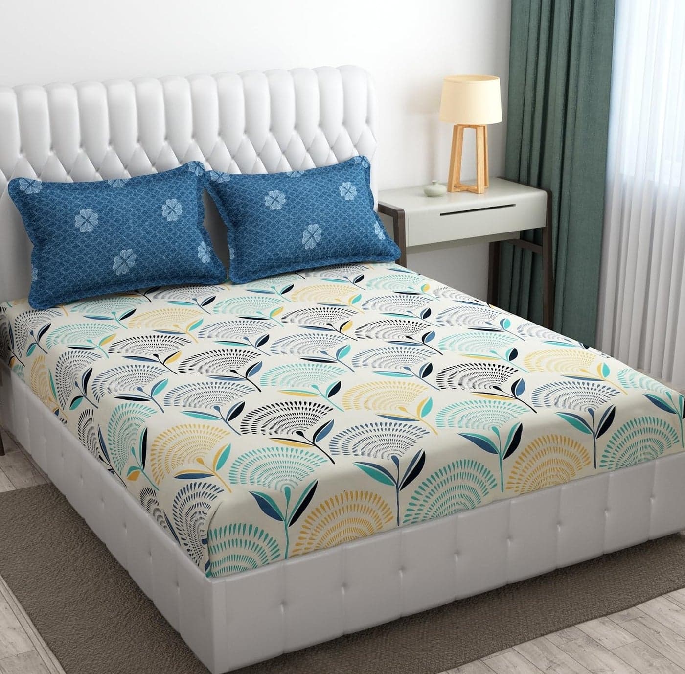 SHOMES Premium Cotton Flat Double Bedsheets with 2 King Size Pillow Covers Double Bed Breathable Wrinklefree Ultrasoft 220 TC Supersoft 90x90 Inches 7X75 Feet Floral Cream Navy