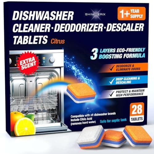Dishwasher Cleaner Deodorizer Descaler Tablets - 28 Tabs - 1 Plus Year Supply - Extra Scented Deep Cleaning Sanitizer Pods - Remove Hard Water - Contain Citric Acid Heavy Duty Septic Safe - Citrus