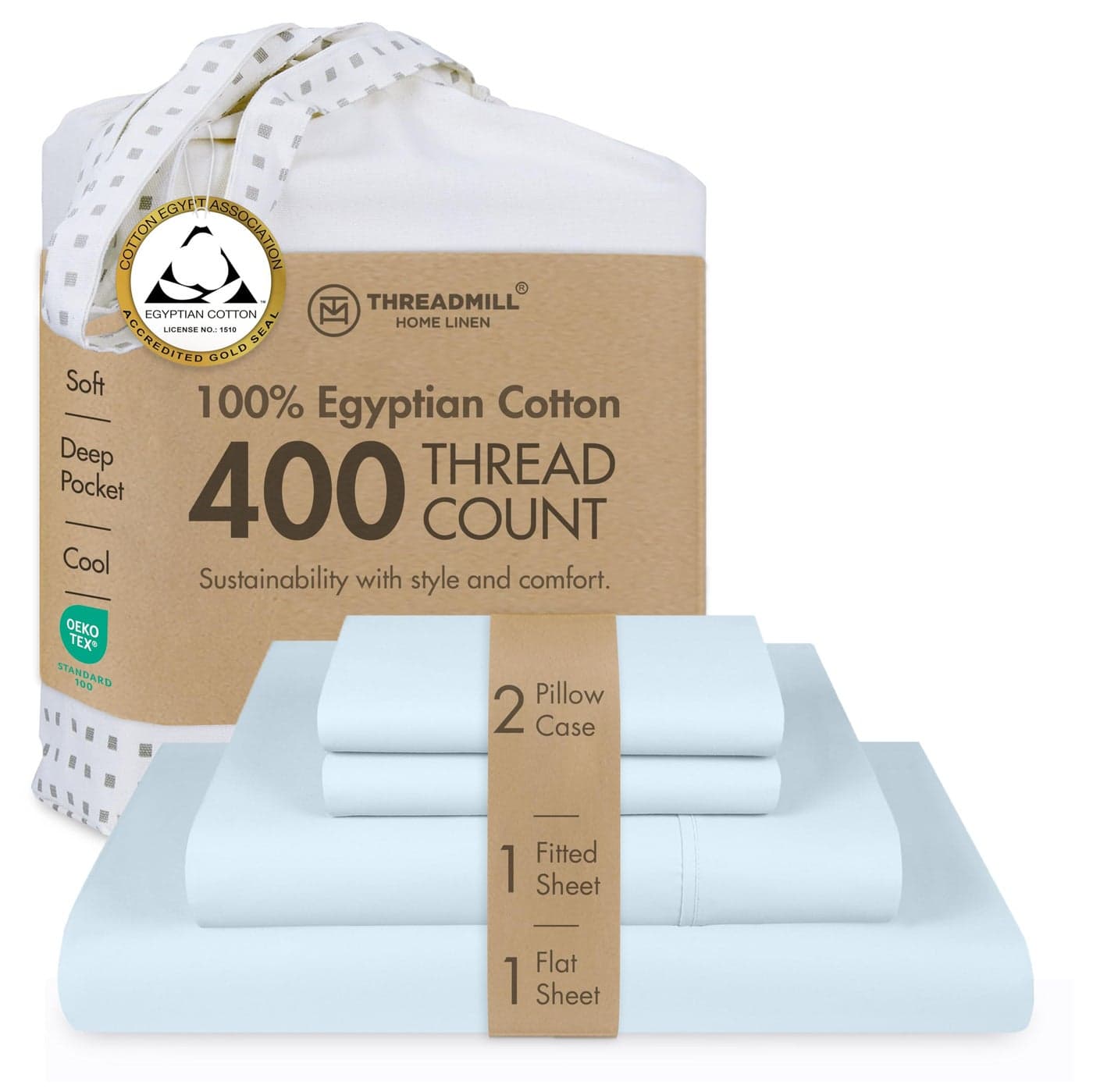 Threadmill Egyptian Cotton Full Size Sheet Set 100 Certified Egyptian Cotton Sheets for Full Size Bed Full Bed Sheets Set 16 Deep Pocket Soft Sateen 4Piece Cooling Bedding Set Light Blue