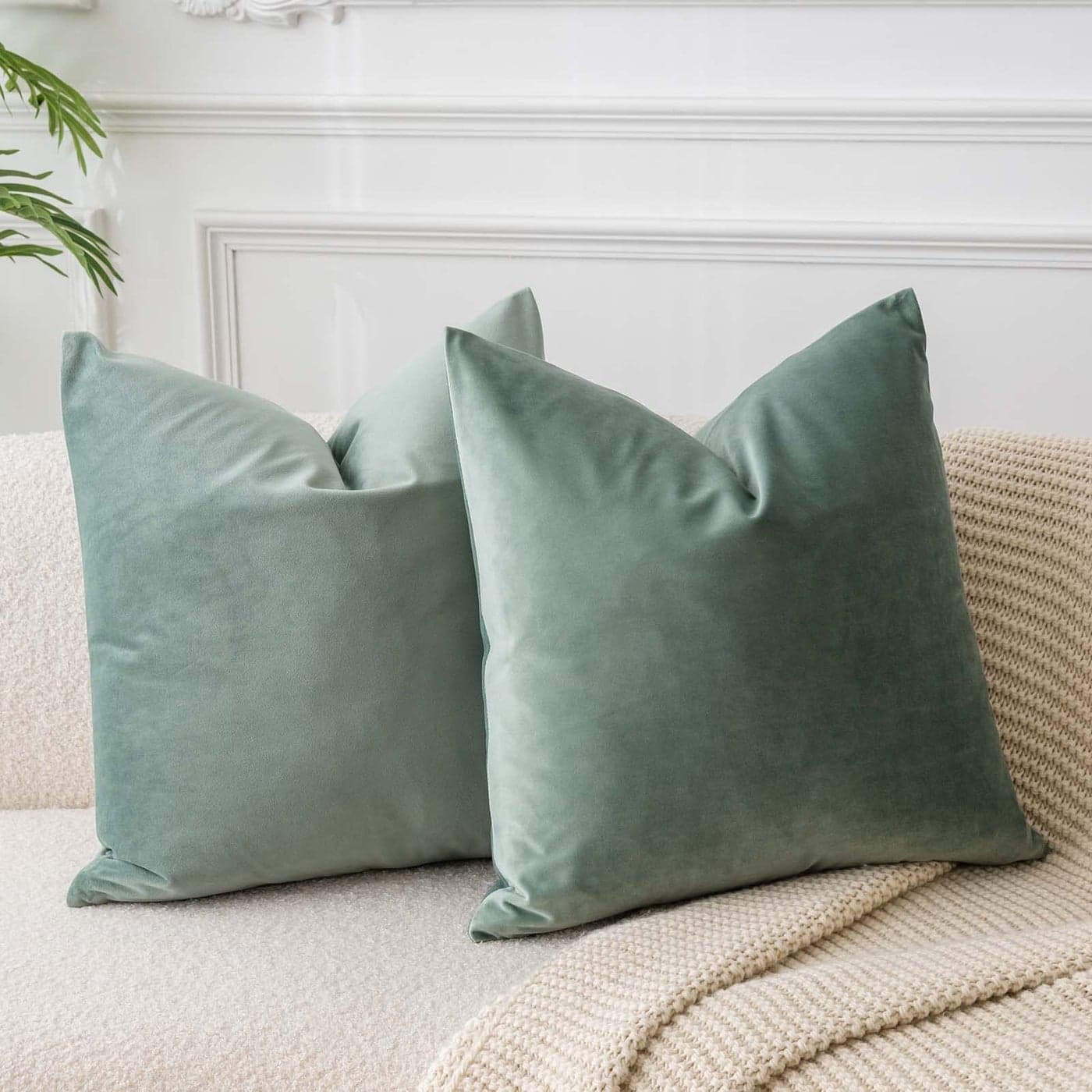 JUSPURBET Sage Velvet Throw Pillow Covers 24x24 inch Set of 2 for Living Room Couch Sofa Bedroom Decorative Square Solid Soft Cushion Cases with Invisible Zipper