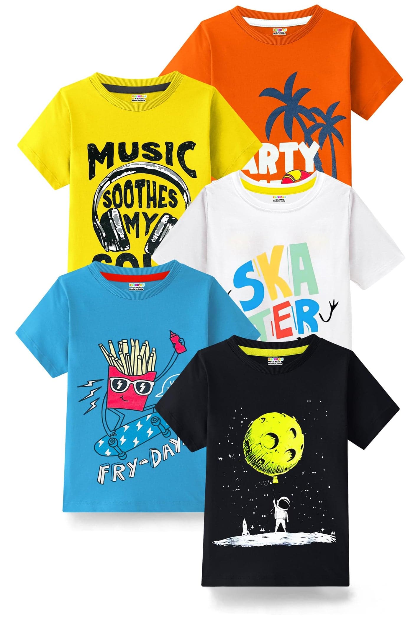 Kuchipoo Boys Regular Fit Half Sleeves Cotton T-Shirts (KUC-TSHRT-461, 4-5 Years, Multi-Colored)