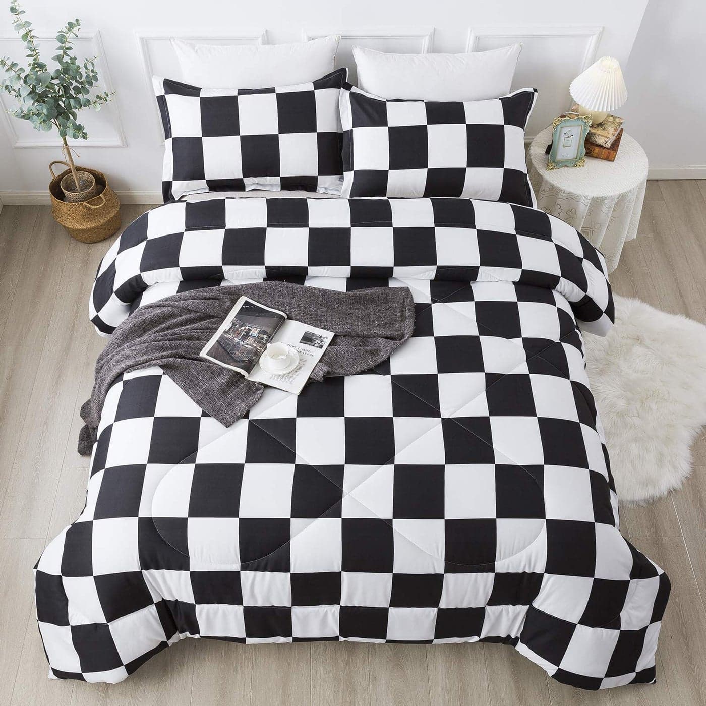 Andency Checkered Comforter Twin66x90Inch Black White Plaid Gingham Bed Set for Teen Boys Kids Lightweight Microfiber Geometric Preppy Bedding2 Pieces