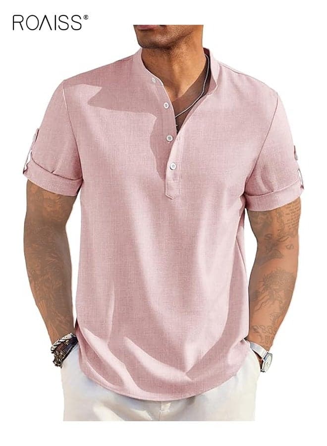 Men's Slim-Fit Short Sleeve Shirt Modern Stand Collar Buttons Solid Color Top Breathable Stretch Fabric Pink Polo Shirt