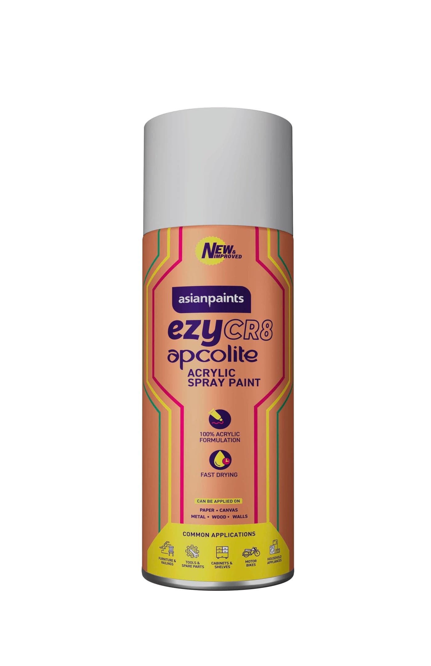 Asian Paints ezyCR8 Apcolite DIY Spray Paint – Silver, 400ml, 100% Acrylic | Multi-Surface Use: Metal, Wood & Walls