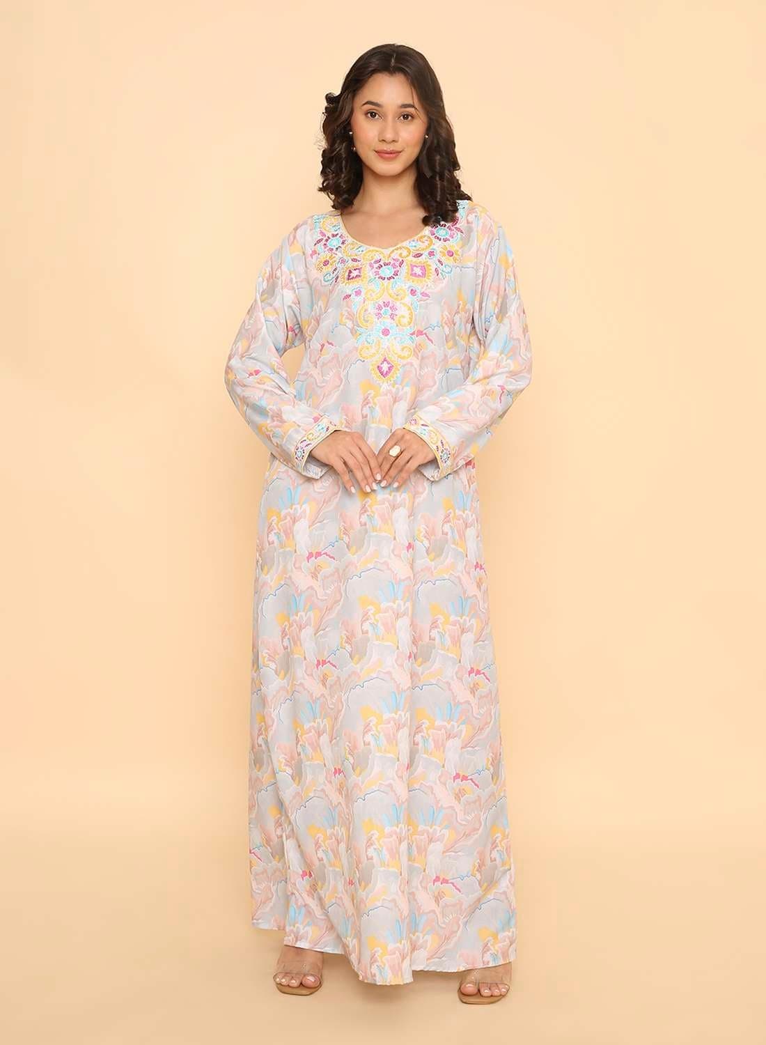 Unique long elegant light grey printed jalabiya dress