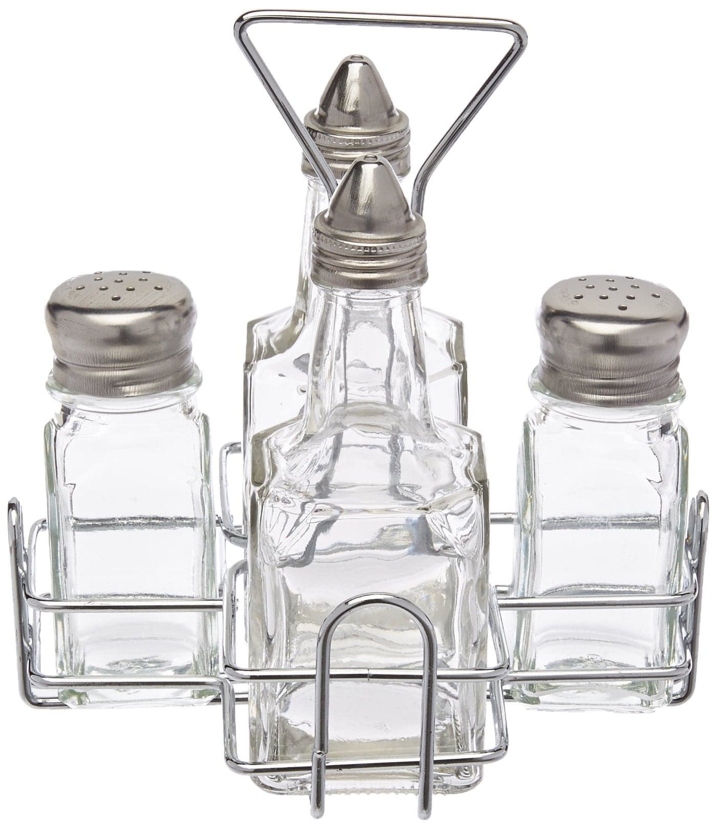 New Star Foodservice 22209 Holder with 2 Square Salt and Pepper Shakers and 2 Oil and Vinegar Cruets
