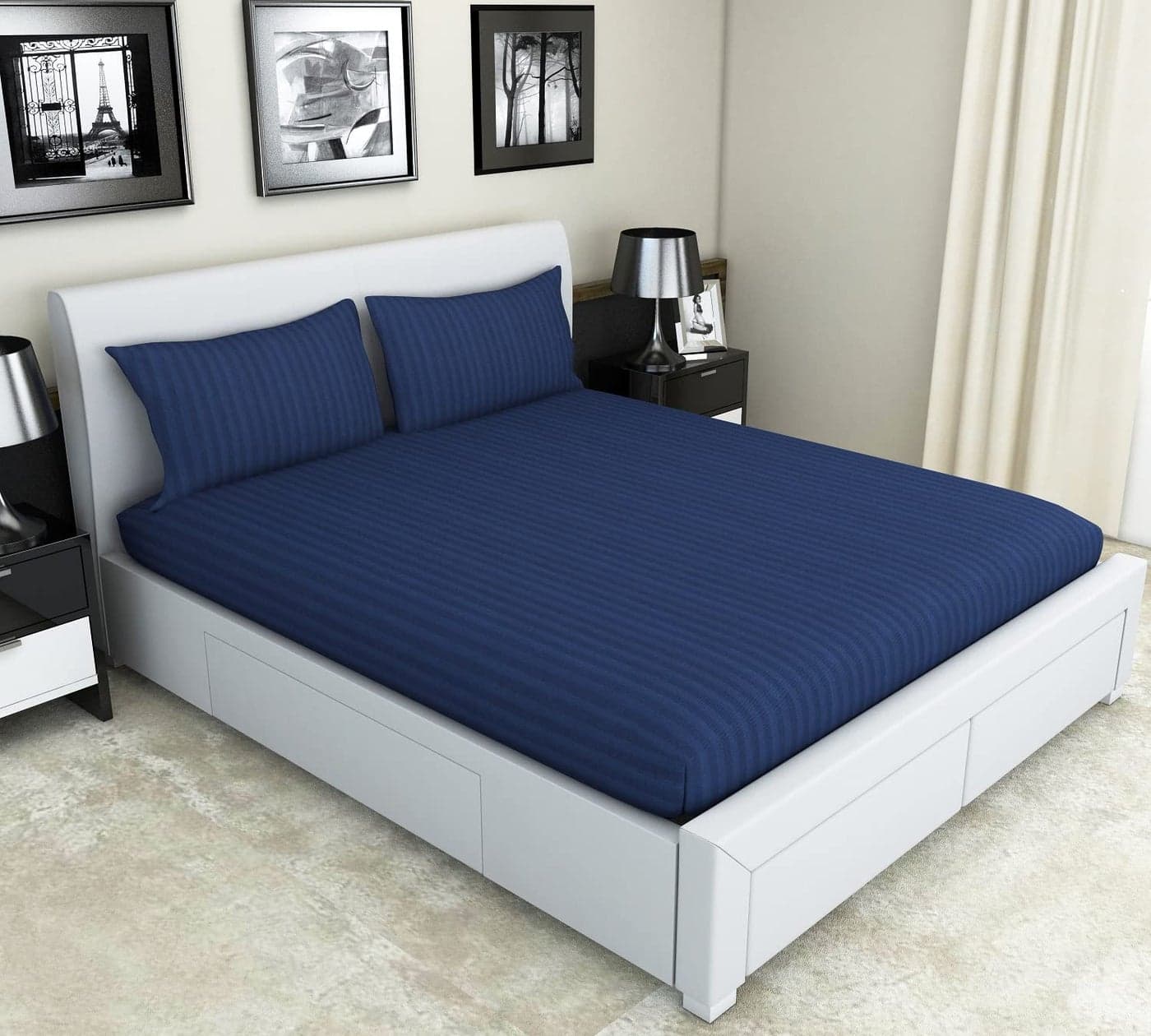 Nendle Elastic Fitted Cotton 210TC Double Bedsheets King Size 78x72 Inches with 2 Pillow Covers (Fits Upto Mattress of 12 Inches, Blue)