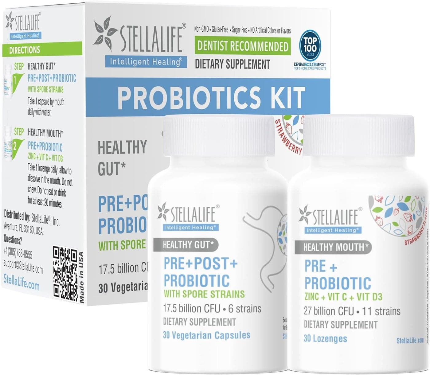 StellaLife Probiotics Oral Gut Prebiotics Post Probiotics Kit 445B CFU 11 Oral 6 Gut Spore strains for Digestive Dental Health Bad Breath Treatment Tongue Hygiene Strawberry Flavor 30day