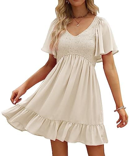 LILLUSORY Women's Flowy Casual Mini Dresses 2025 Summer Graduation Smocked V Neck Vacation Dress Dress with Pockets Apricot L