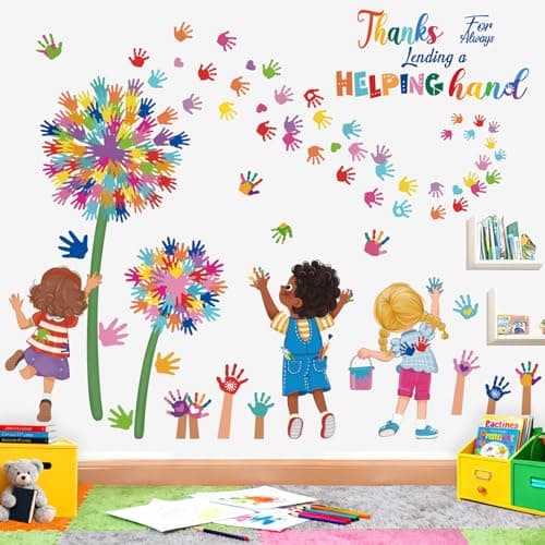 wondever Reading Corner Dandelion Wall Stickers Kids Handprint Inspirational Motivational Quotes Peel and Stick Wall Art Decals for School Classroom Kids Room