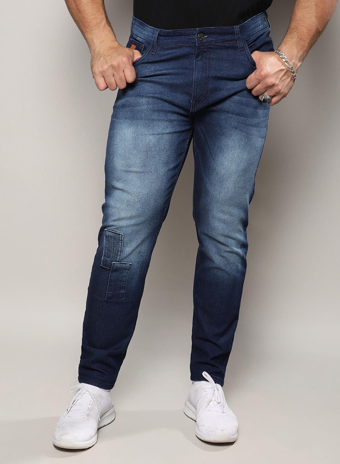Instafab Plus Men's Dark Blue Embroidered Patched Denim Jeans For Casual Wear | Dark-Wash | 5 Pockets | Button Closure | Denim Jeans Crafted With Comfort Fit For Everyday Wear