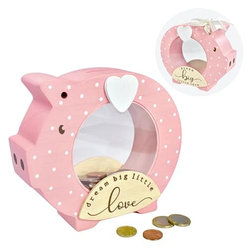I’m Solid Wood Piggy Bank Coin Bank Savings Money Bank, Adorable Gifts for Baby Girl Birthday Girls Kids Child to Cherish Baby Shower, Keepsakes & Nursery Décor “Dream Big Little Love” (Dot Pink)