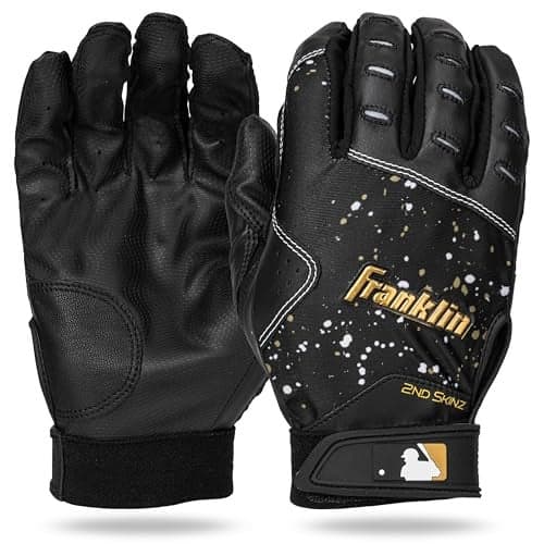 Franklin Sports MLB Batting Gloves - 2nd Skinz Drip Baseball + Softball Batting Gloves - Adult + Youth Premium Leather Pair - Black + Gold - Youth Medium