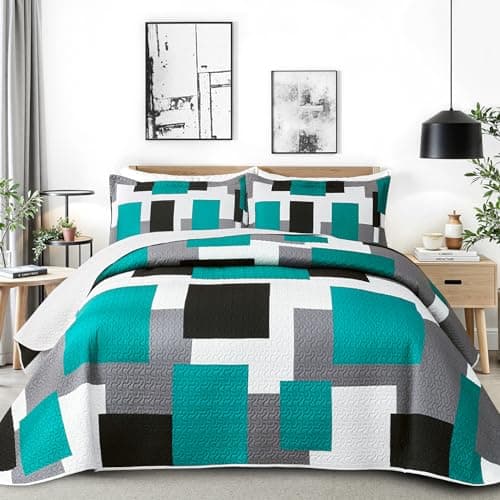Tyrot 3 Piece Teal/Turquoise Quilt Set Full/Queen Size Black Grey Geometric Reversible Bedding Set Microfiber Lightweight Bedspread Coverlet with 2 Shams Modern Bed Covers for All Season, 90''x96''