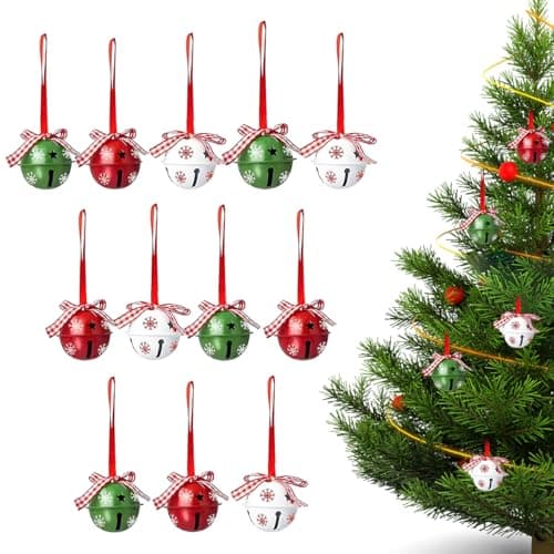 HASTHIP® 12Pcs Christmas Bell Ornaments with Red Checkered Ribbons, Festive Tree Hanging Decorations Snowflake Pattern Metal Bell Charm, Holiday Home Décor Set, (Green, Red, White)