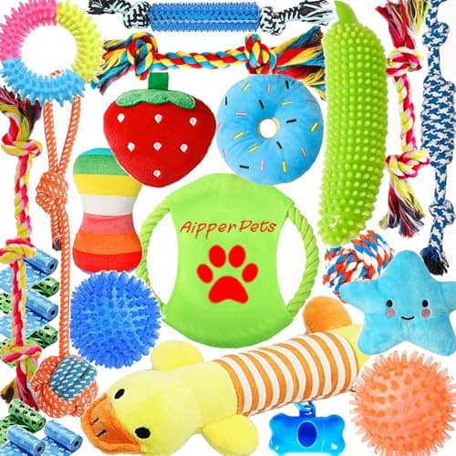 Aipper Dog Toys 25 Pack for Fun and Teeth Cleaning Puppy Chew Toys Pack with Squeak Plush ToySqueaky Toy BallsTug of War and Rope Toys for Puppy to Small Dogs
