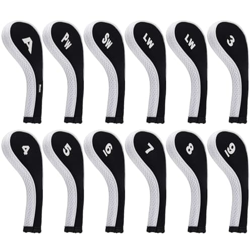 Andux 12pcs/Set Golf Iron Club Head Covers Number Print Long Neck with Zipper Black/White