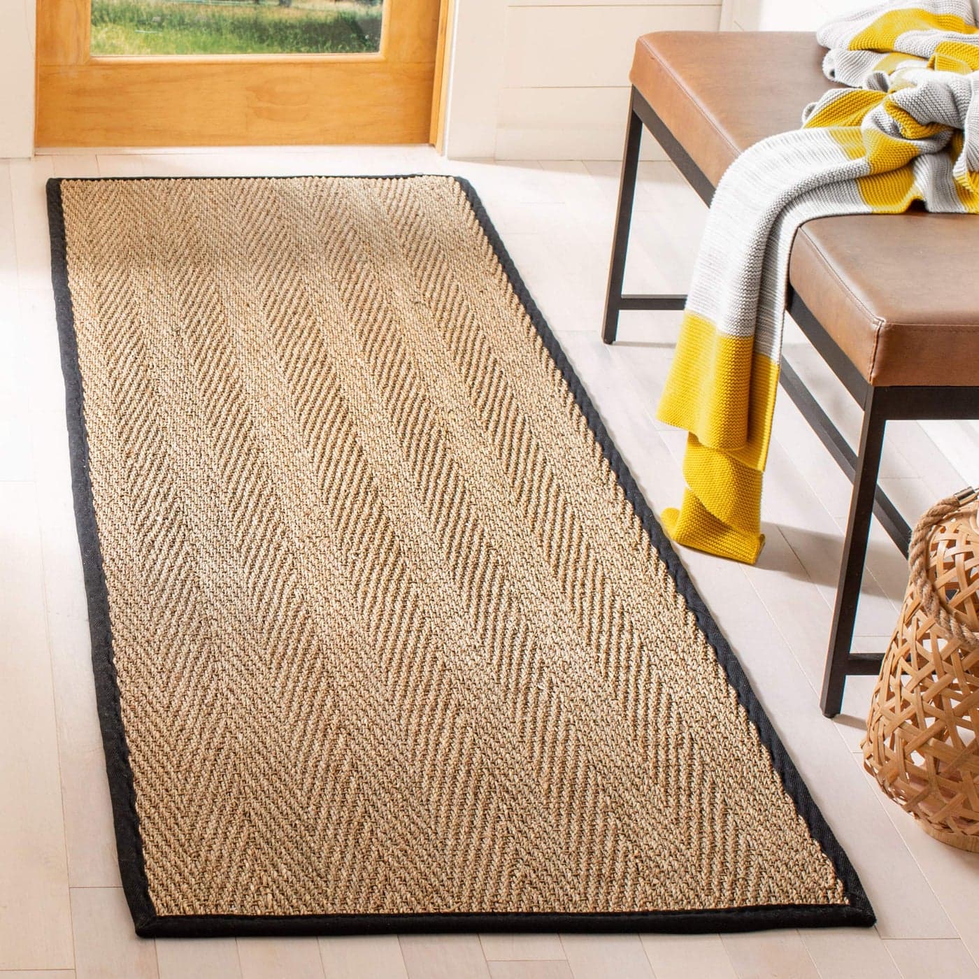 SAFAVIEH Natural Fiber Collection Runner Rug 26 x 6 Natural Black Seagrass Herringbone Pattern with Border NF115C