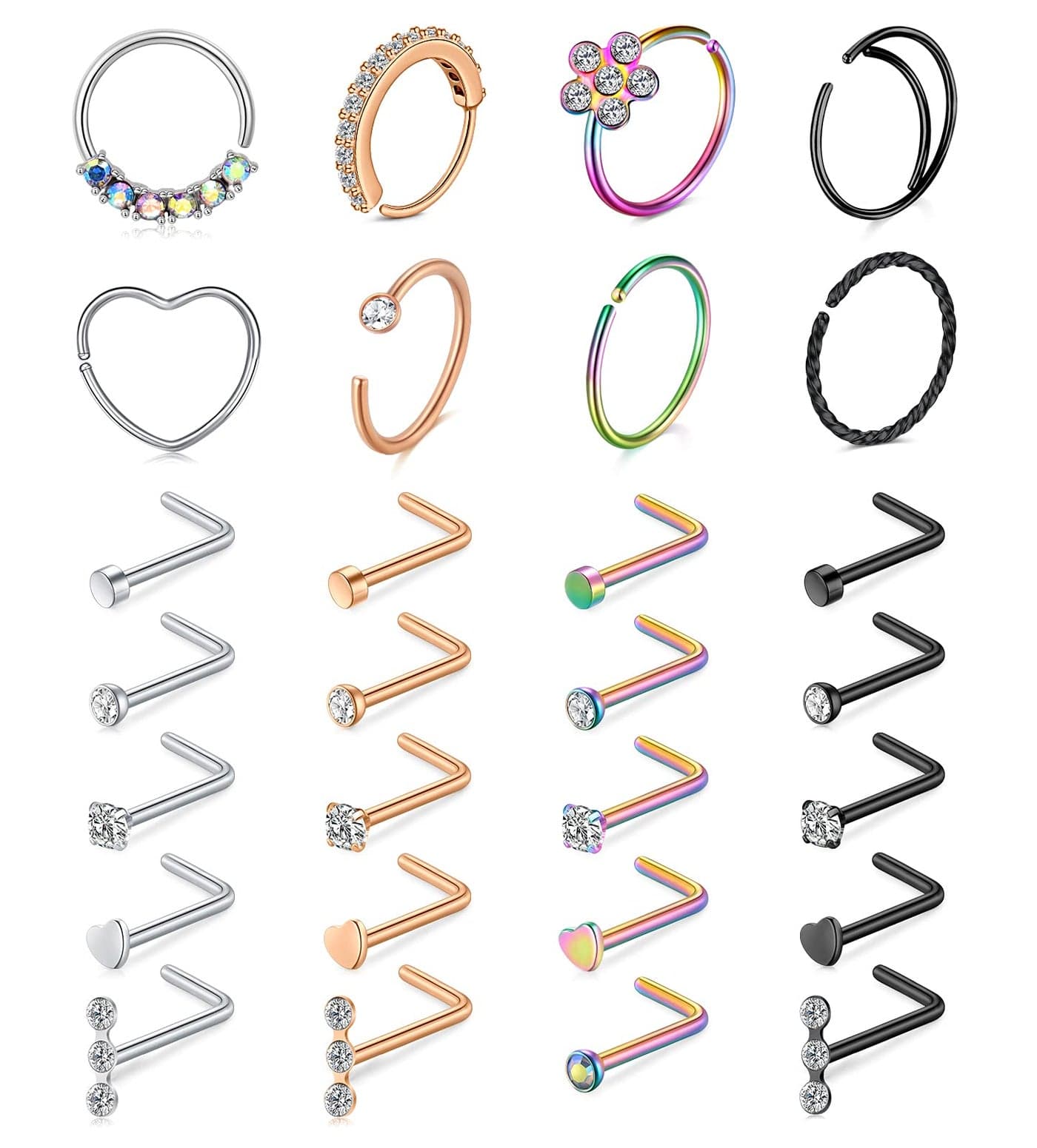 Mayhoop 20g Stainless Steel Nose Rings Hoop L Shape Nose Studs Nose Screw Bone Silver Rose Gold Black Rainbow Pack for Women Men 28Pcs