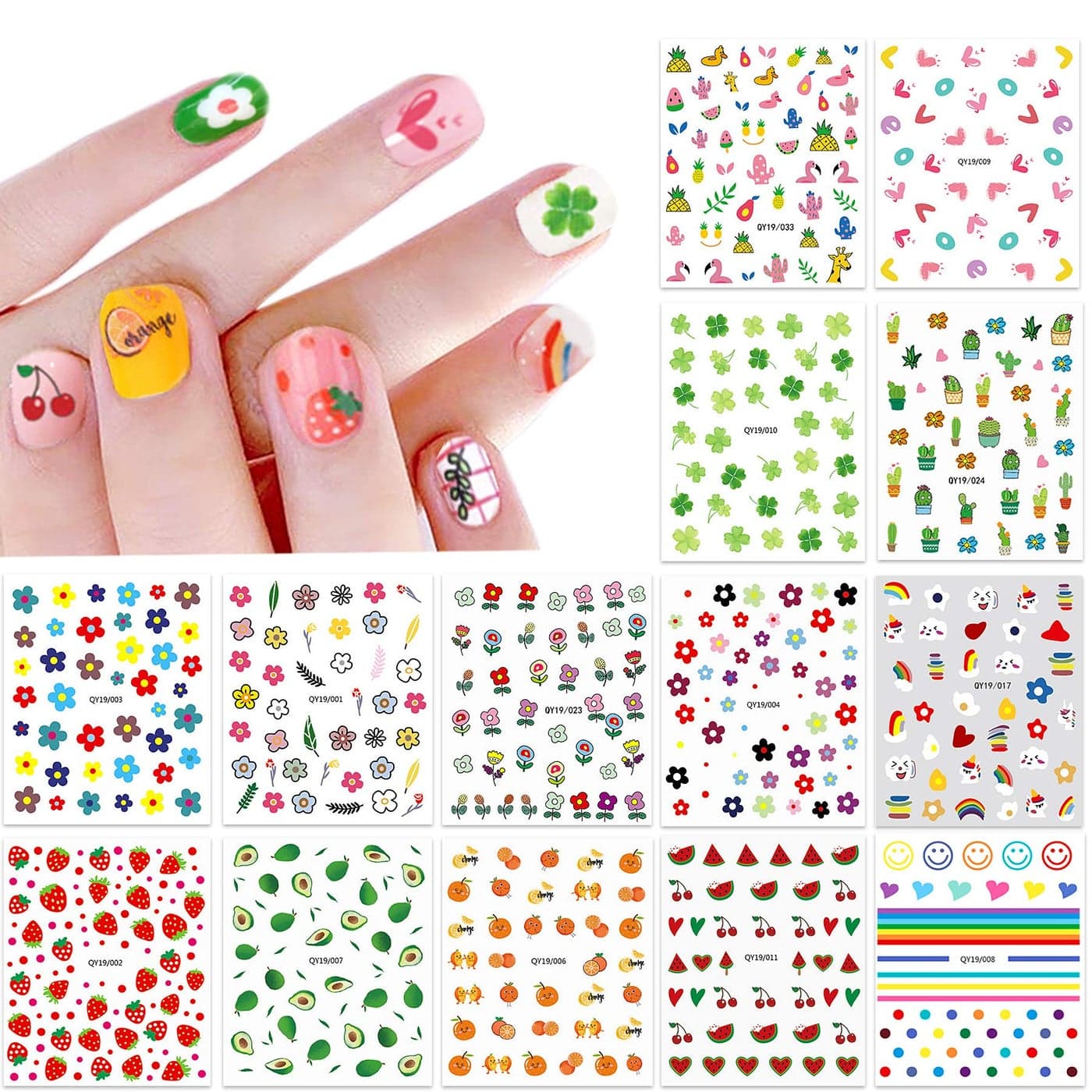 14 Sheets Nail Stickers for Women and Little Girls Nail Art Decoration 3D SelfAdhesive DIY Nail Decals Set Including Hearts Fruits Flowers Animals Rainbow Nail Art Stickers for Woman Kids Girls